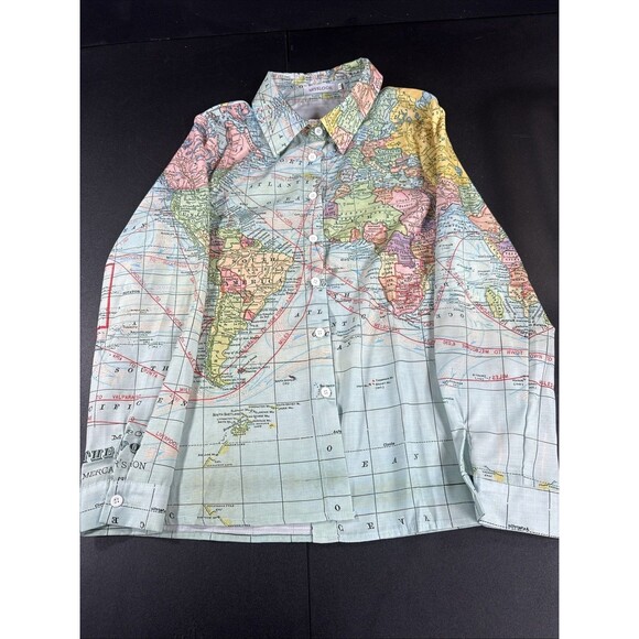 Miss Look Linen Button Down World Map Long Sleeve Blouse Women's Size Medium - Picture 1 of 11